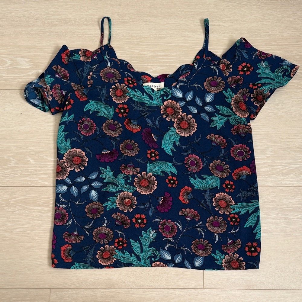 3/$10 Monteau Navy Floral Blouse with Multicolor Accents